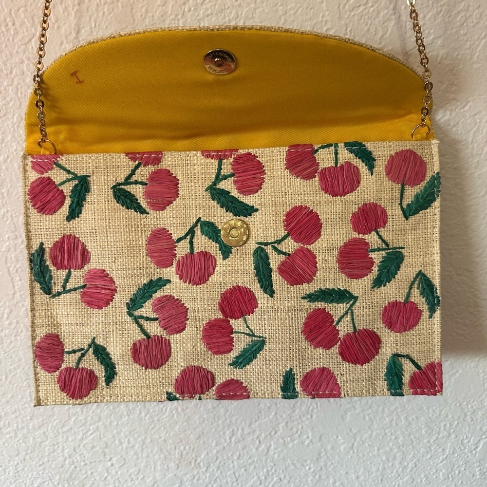 Kayu Hand Embroidered Envelope Cherry Patterned Tan Clutch Bag - Picture 4 of 7